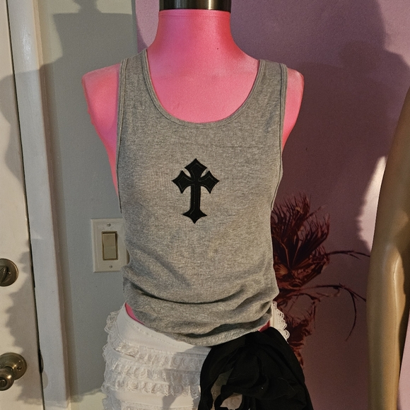 Grey Tank Top Goth Cross Chrome Hearts Looking Top - Picture 14 of 16